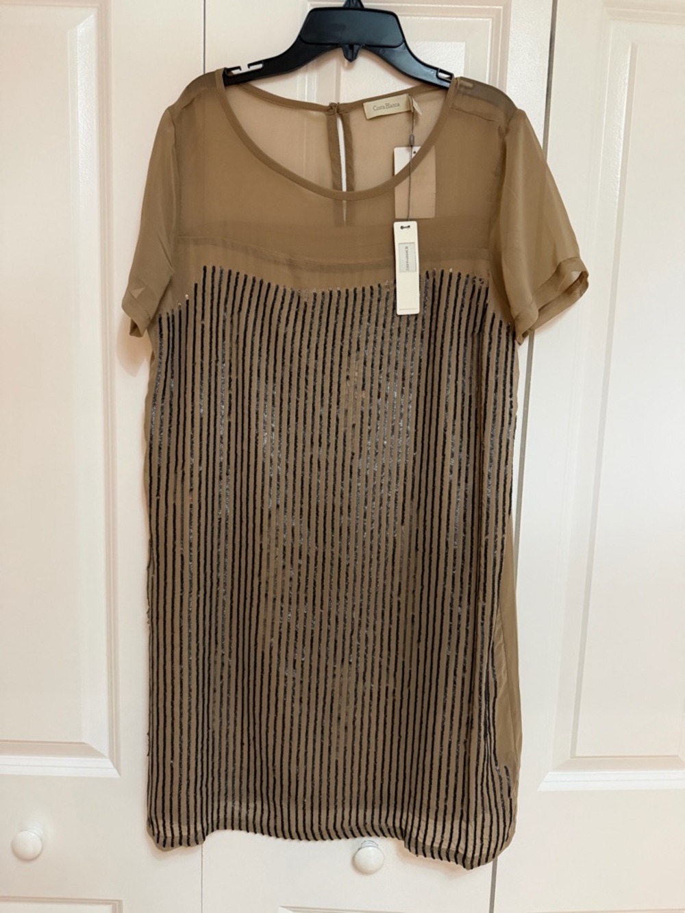 Costa Blanca Sheer Beige Sequin Stripe Dress M Layered Shift Mini Dress